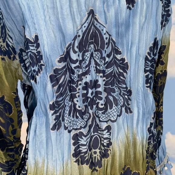 Vintage Y2k Bohemian Print Crinkle Blouse Beaded Ruffle Whimsygoth Large Boho - Picture 5 of 5